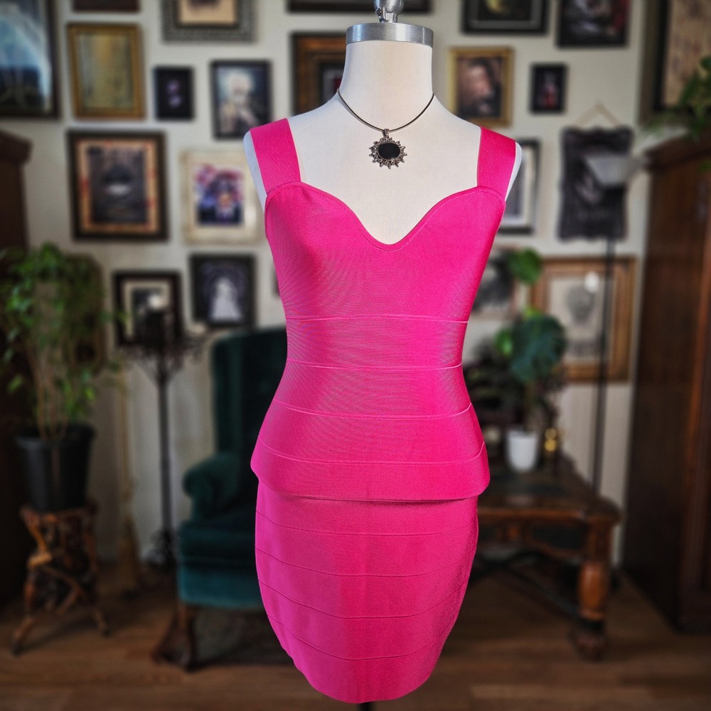 Herve Leger Bandage Dress Hot Pink Peplum Bodycon Cocktail Mini Party Womens‎ M